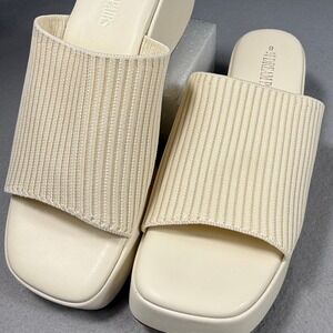 Dream Pairs Platform Slides 8 Cream Ribbed Knit Square Toe Wedge Chunky Neutral